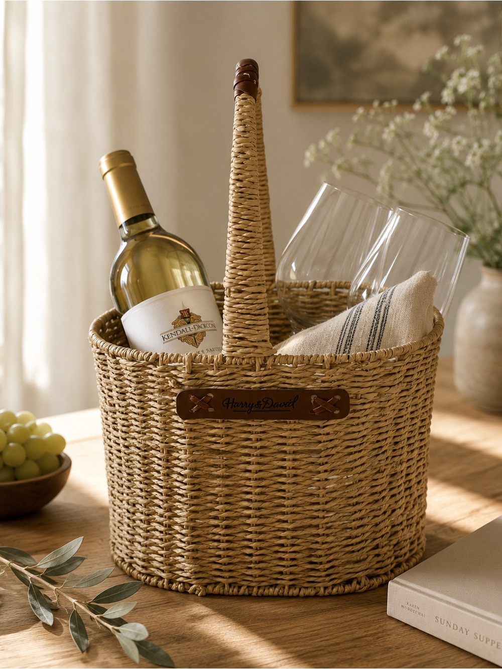 Harry & David Woven Straw Basket Tote Wine Bag Natural Handcrafted Market Picnic